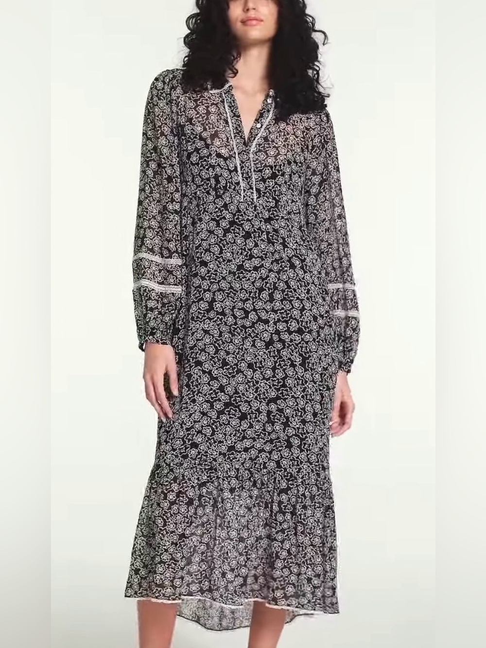 DOROTHEE SCHUMACHER Black Floral Midi Dress with Long Sleeves US XS/2